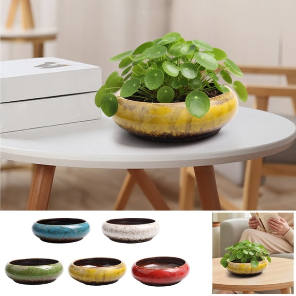 Celsvanis Plant Pot Ceramic Shallow Blue Planter, Glaze Indoor Flower Pot for Houseplants, Decorative Tabletop Home Office Decor