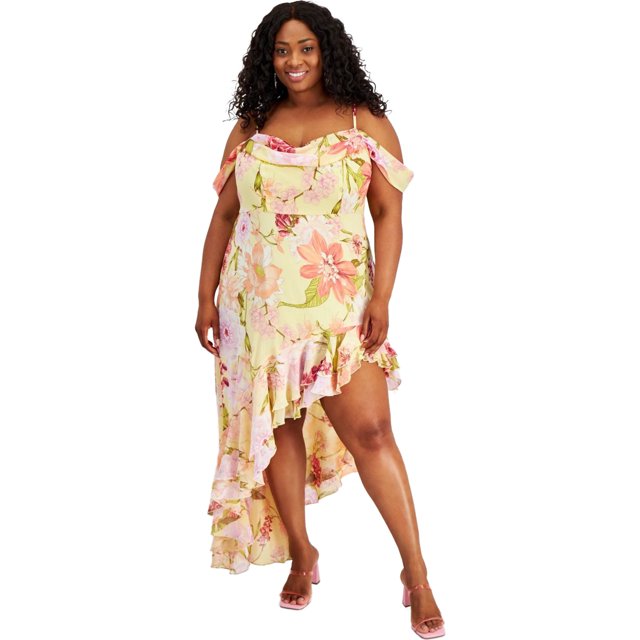 City Studio Womens Flower Fit & Flare Cold Shoulder Asymmetrical Dress, Multicoloured, Plus Size, 1X