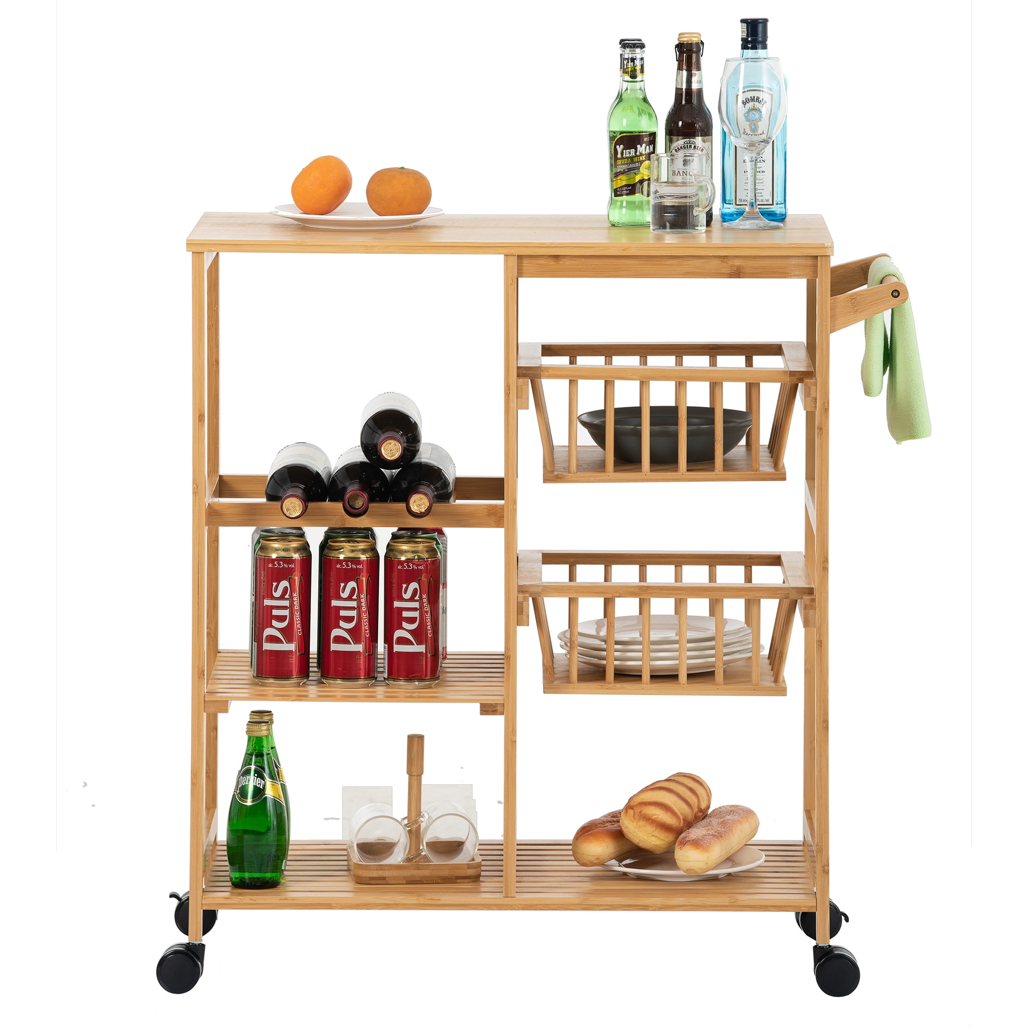 Resenkos Natural Bamboo Bar Serving Cart with Wine Rack, Towel Rack and 2 Open Basket, Coffee Station and Microwave Stand for Kitchen Storage