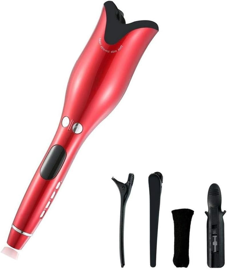Multi-Function LCD Automatic Hair Curler Spin Curl 1 Inch Iron Curling Air Wand Styling Salon Tool Tourmaline Ceramic Heater (Red)