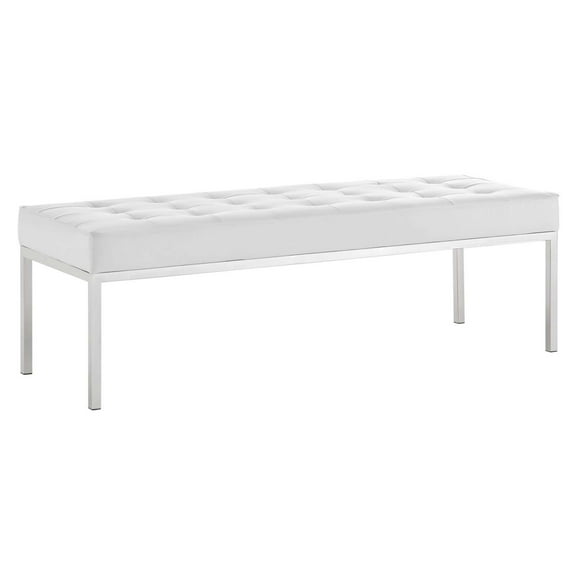 Modway Loft Tufted Vegan Leather Bench in Silver White
