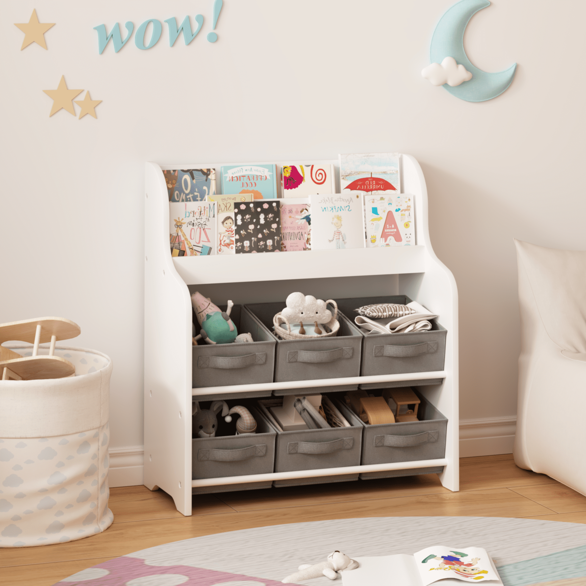Kids Bookshelf, White and Gray with 6 Fabric Storage Bins and 3 Front-Facing Display Shelves, 27.95 Inch Children's Bookcase and Toy Organizer for Playroom, Bedroom, Nursery