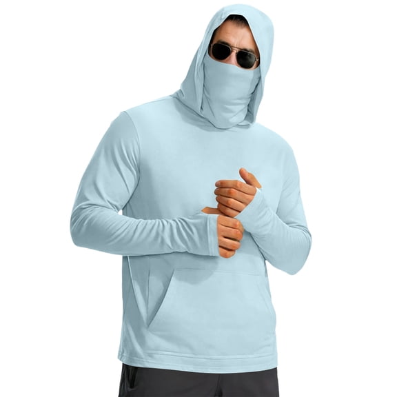 Mens Long Sleeve Sun Protection Shirts Upf 50 UV Rash Guard Shirts Long Sleeve Lightweight Sun Protection Cooling Shirts with Face Cover,Light Blue L