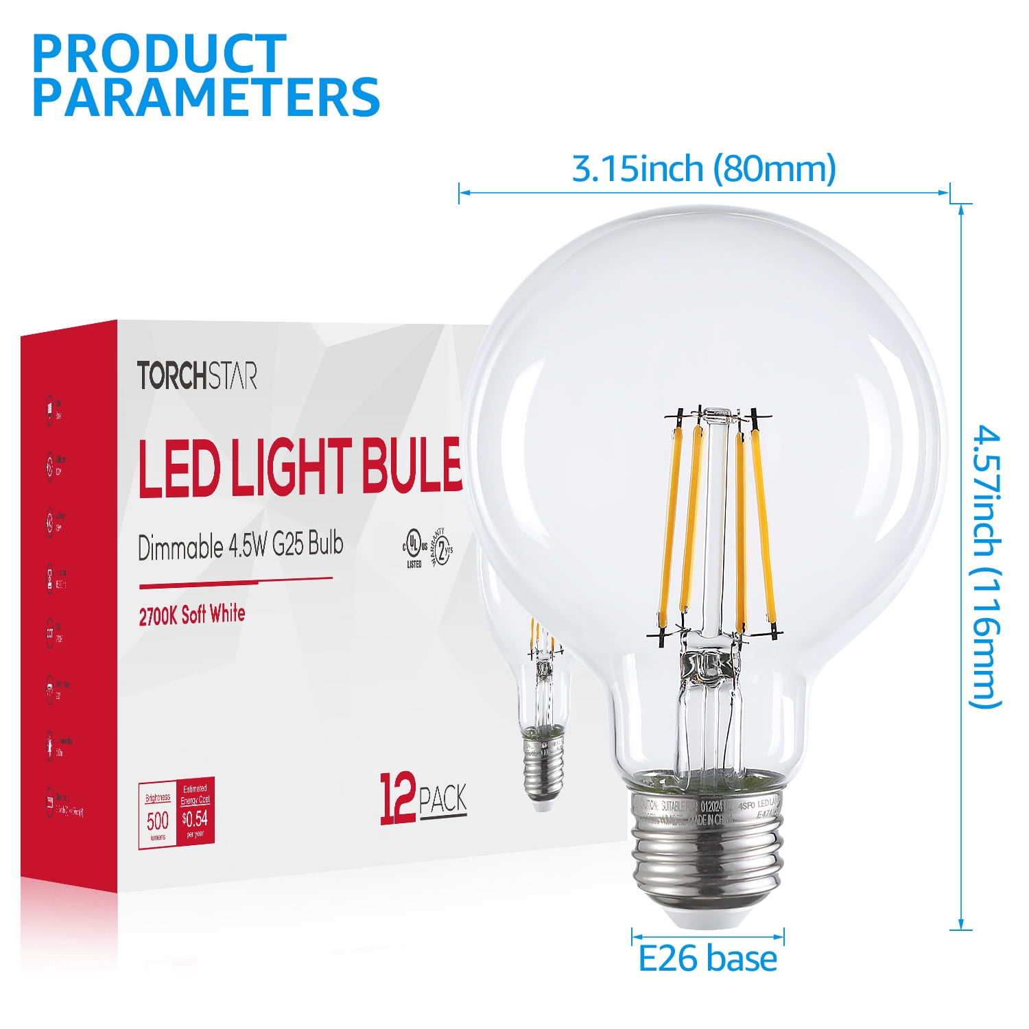 TORCHSTAR 12 Pack Dimmable LED G25 Globe Light Bulb, Round Clear Vanity Bulb for Bathroom, LED Edison Bulb, 4.5W(60W Eqv.), UL Listed, 500lm, E26 Base, 2700K Soft White