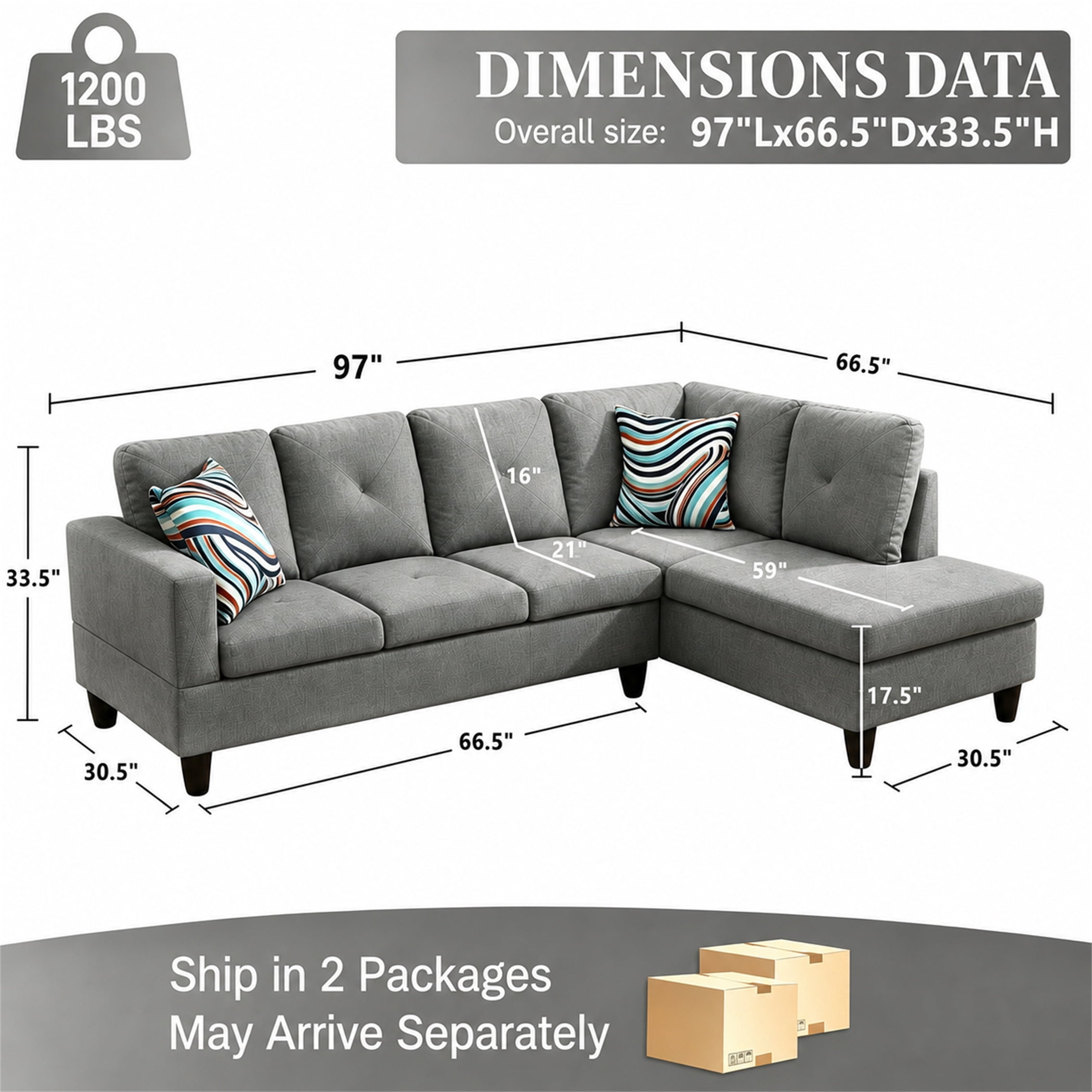 Aukfa 97" Classic Sectional Sofa 4 Seat L shape Couch for Living Room, 2Pillows, Oversized Right Chaise, Linen, Gray