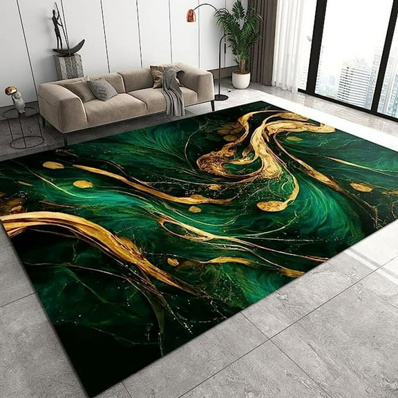 Luxury Green Rugs For Living Room, Modern Emerald Green Decor Rug, Golden Pattern Floor Rugs For Entrance Dining Room Patio Bedroom Bedside Carpet