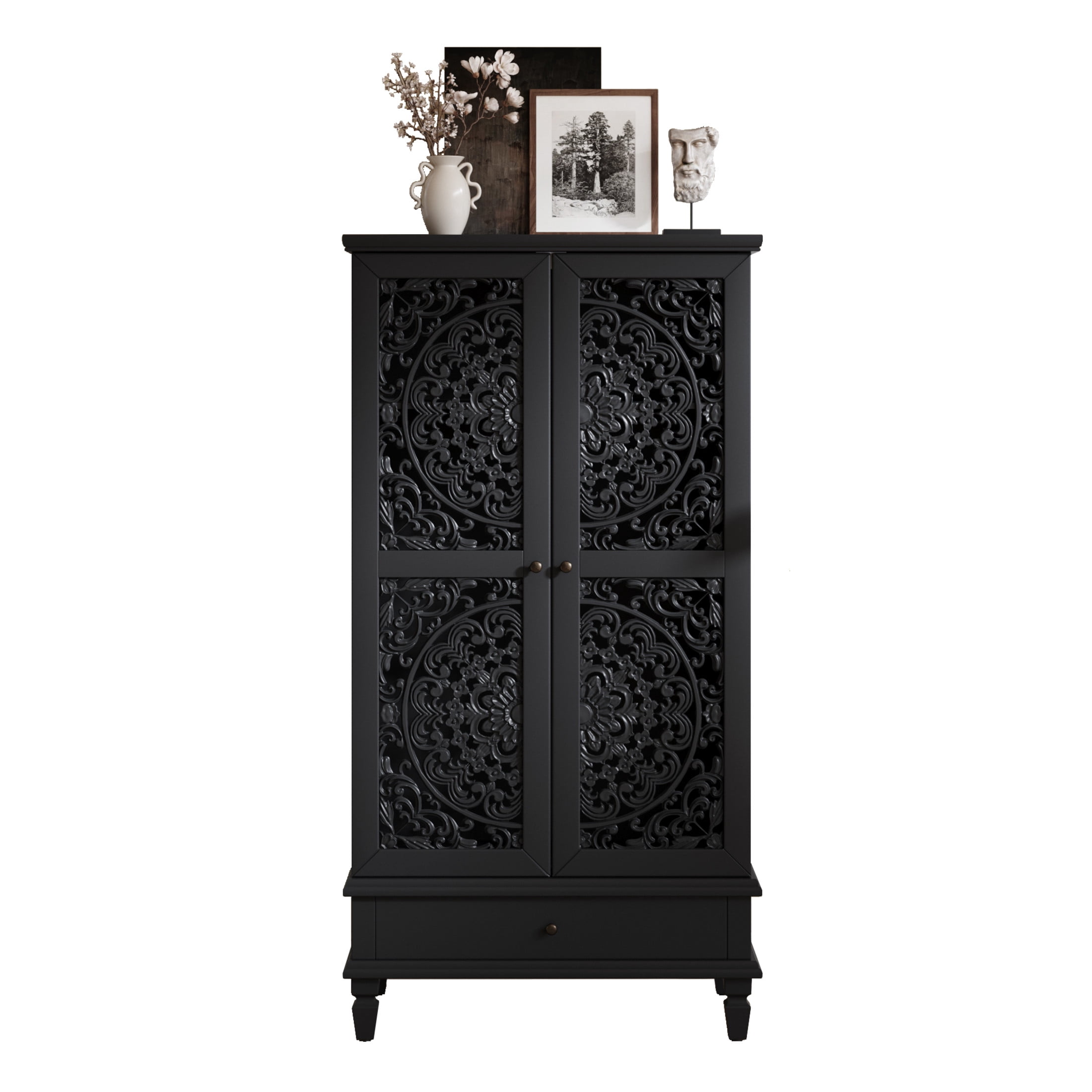 Noble house Rustic Tall Storage Cabinet with Drawer, Carved 2-Door Cabinet with Solid Wood Legs,Black
