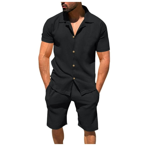 JIKNTTR Men's Casual Suit Mens Short Sleeve Shirt Summer Casual Holiday Solid Shirts Tops Shorts Outfits Outdoor Casual Athletic Suit