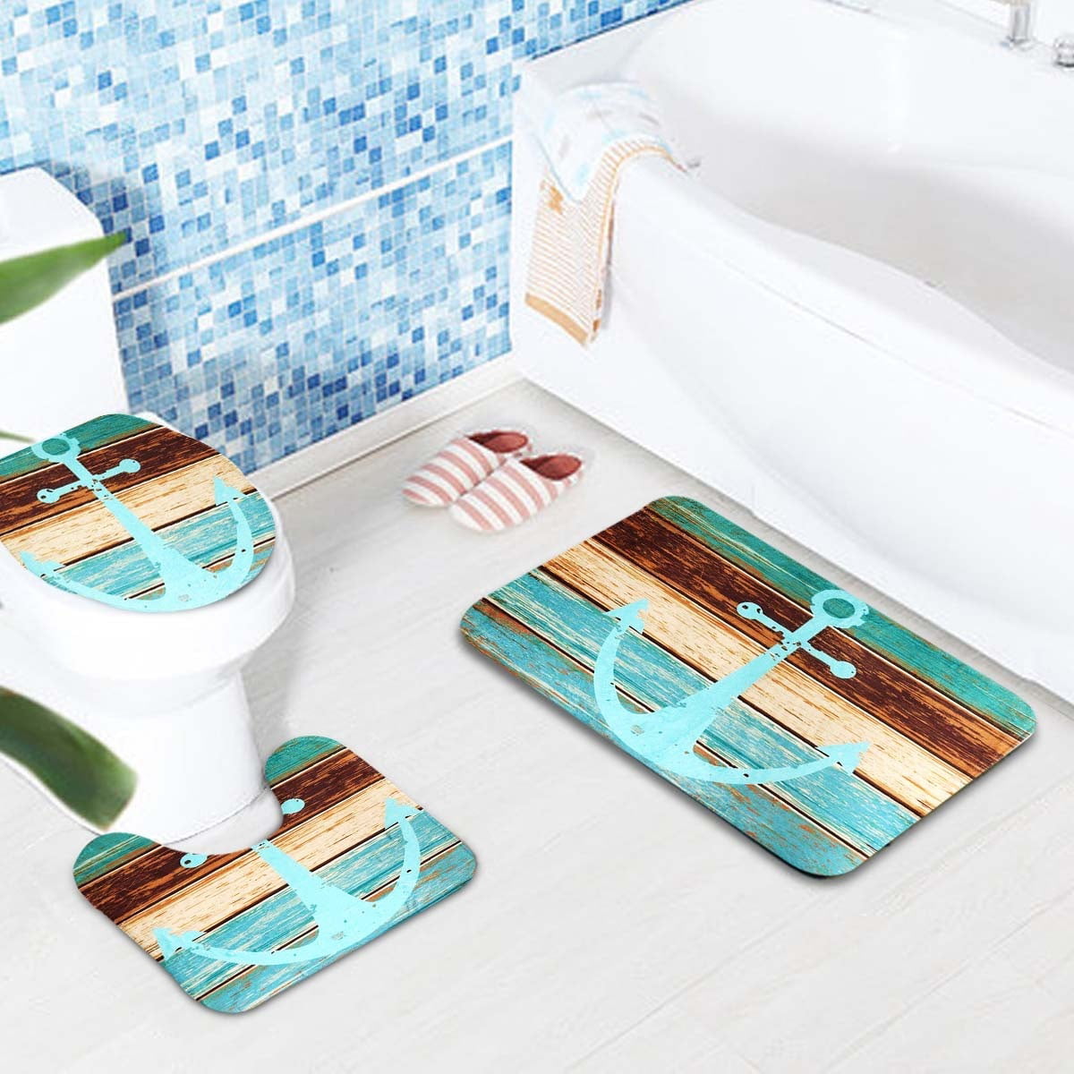 3Pcs Nautical Anchor Bathroom Non-Slip Pedestal Rug+Lid Toilet Cover+Bath Mats 