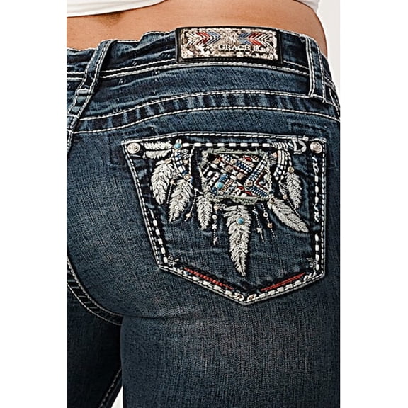 Grace in LA Women's Western Feather Insert Embellished Pockets Bootcut Stretch Jeans (25)