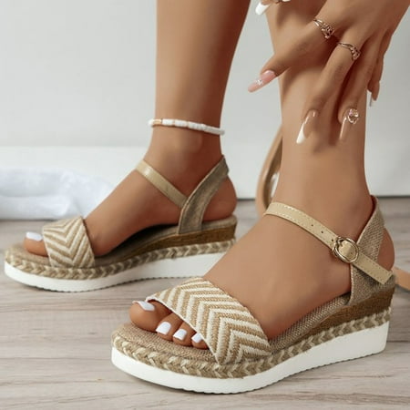 

YOUSNH Ladies Fashion Summer Cloth Open Toe Buckle Wedge Heel Grass Bottom Sandals Summer Sandals Khaki 8(40)