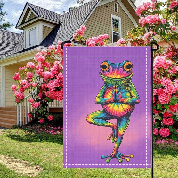 Psychedelic Rainbow Happy Yoga Frog Garden Flag,Double Sided 2D Print,12x18 inch,Outdoor Lawn,Porch,Yard Decor,No Flagpole Included