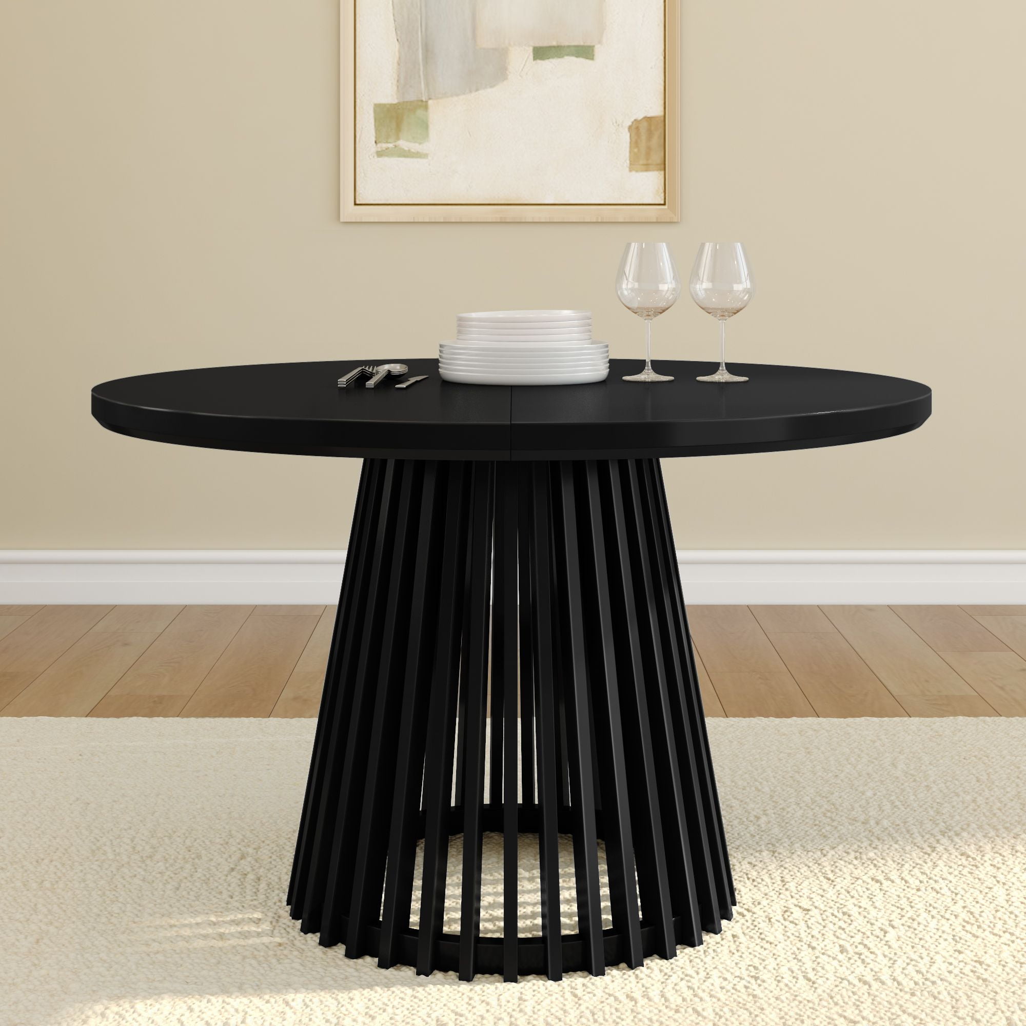 Plank+Beam 48" Lido Round Dining Table, Solid Wood Minimalist Kitchen Table for 4, Black