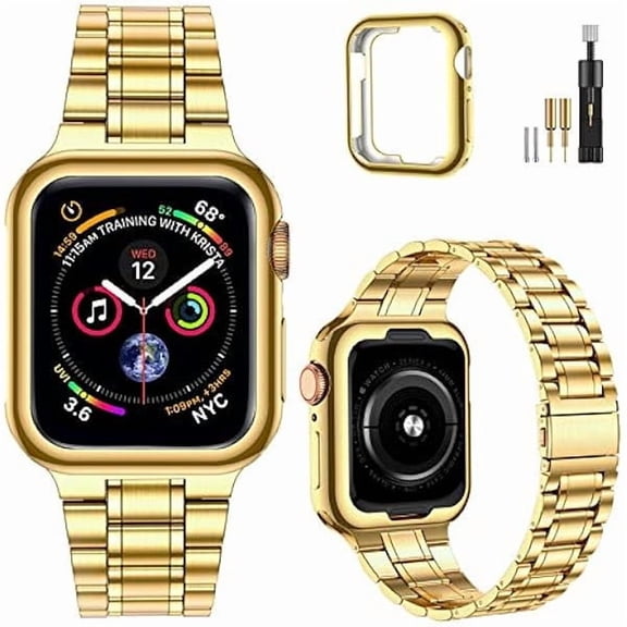 can Solid Stainless Steel Band Compatible with Apple Watch 41mm, Metal Strap with Soft TPU Case for iWatch Series 9 8 7 Women and Men, Gold