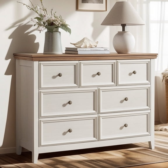 HIUU Beige Vintage Dresser with 7 Drawers for Bedroom - Storage Closet & Wooden Chest of Drawers