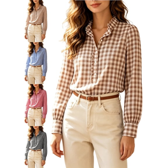 Shirts for Women Casual Plaid Ruffle Collar Long Sleeve Button Front Regular Fit Work Wear Shirt