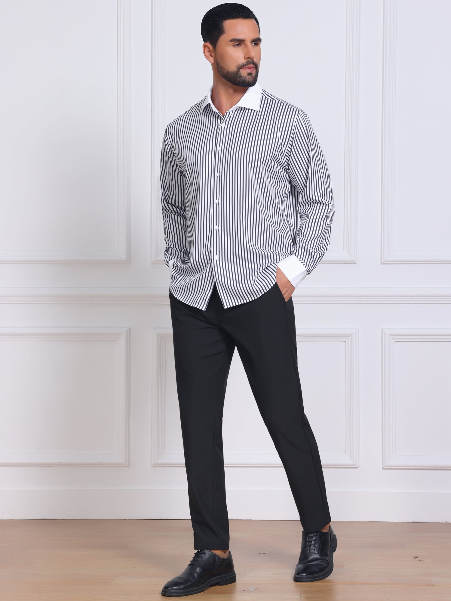DARING DIVA Men's Striped Button Down Long Sleeve Stretch Shirts L Black