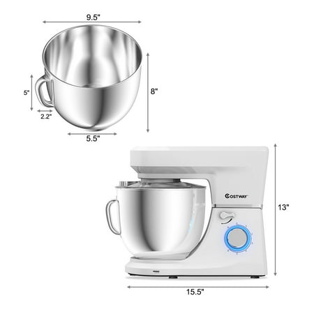 Costway - Tilt-Head Stand Mixer 7.5 Qt 6 Speed 660W with Dough Hook, Whisk & Beater - White