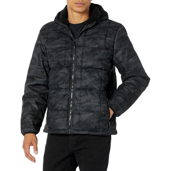 Urban Republic Mens Thin Wool Jacket, Black CAMO, Small