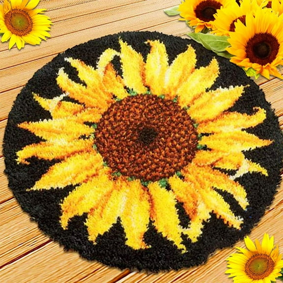Latch Hook Rug Kit,Sunflower Pattern Printed Canvas DIY Rug Crochet Yarn Kits,DIY Latch Hook Kits for Knotting Yourself(Sunflower,Diameter 20.4" )