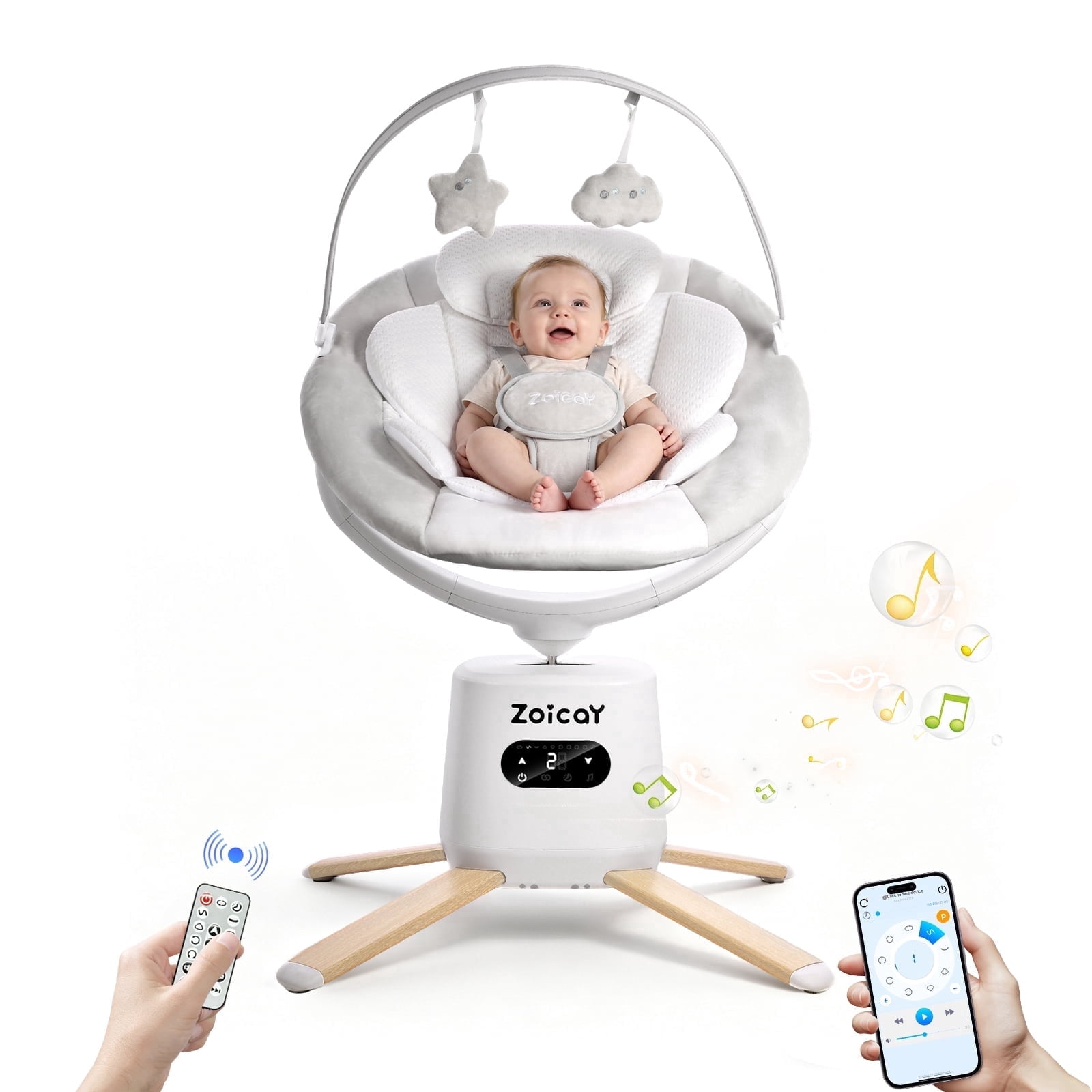 Zoicay Baby Swing, Infant Swing with 8 Motions & 8 Speeds, 360° Rotating Seat, Bluetooth Music & 6 Preset Melodies, APP Remote Control, White