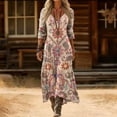 thumbnail image 2 of Women'S Linen Muslin Dress, Flowers, Maxi Dress, V-Neck, 3/4 Sleeves, Summer, Boho, Vintage Tunic, Beach Dress, Airy, A-Line, Soft Casual Dress, Colourful Festive Pockets, 2 of 4