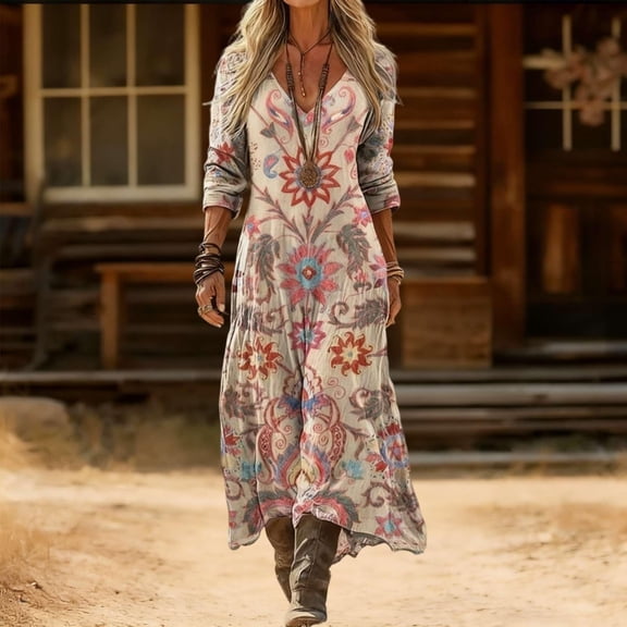 Women's Bohemian A-Line Maxi Dress, Vintage Floral Print Long Sleeve Loose Fit Flowy Casual Dress Beach Dress for Spring Summer(Beige,XXXL)