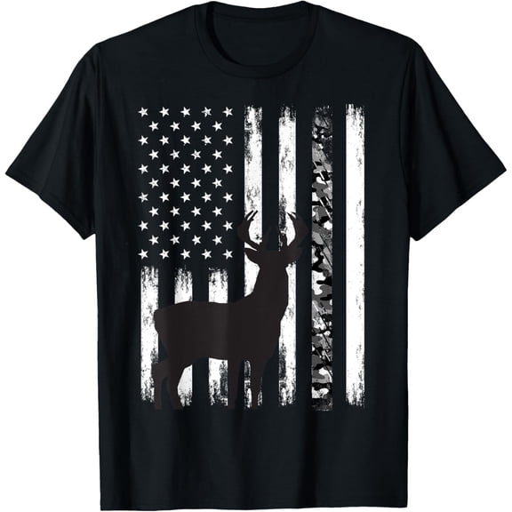 Patriotic American Flag Deer Buck Hunting T-Shirt Men's Distressed Camo Hunter Graphic Tee Vintage Retro Outdoor Apparel