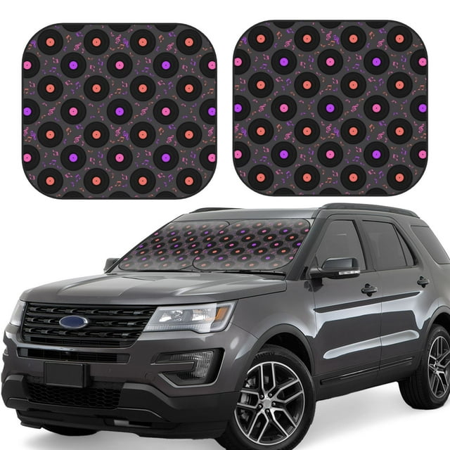 Vsdgher Vinyl Records Musical Notes Print Car Windshield Sun Shade, Reflective Sunshade Window Sunshade Sun Visor Protector Fit for Cars,Trucks,SUVs-Small