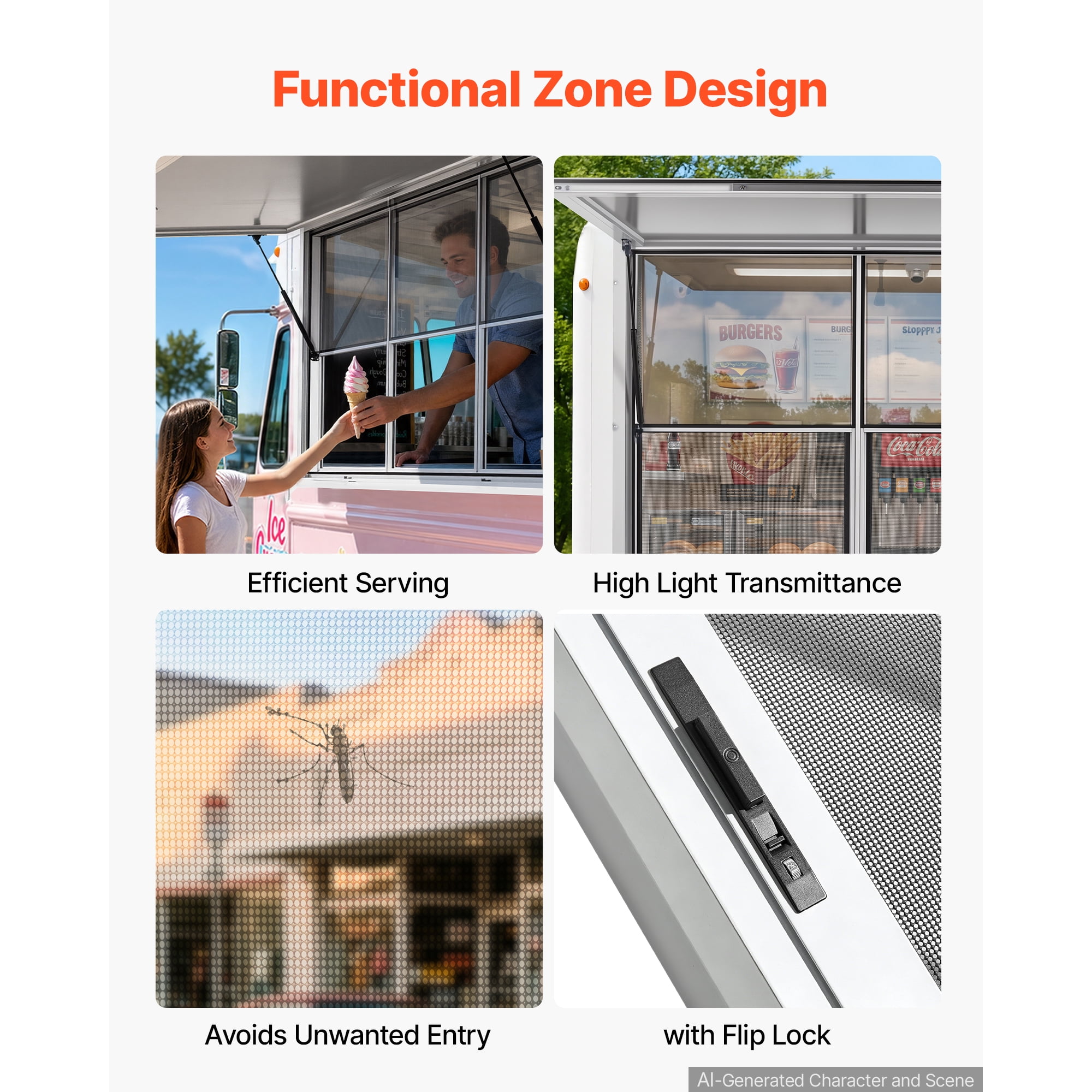 KFFKFF Concession Window 74x40 in Aluminum Alloy Service Window, Designed for Food Trucks, Features 3 Fixed and 3 Sliding Panels, Awning Door with Drag Hook, and Water-Resistant Construction