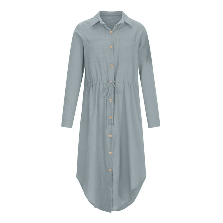 Cotton Linen Shirt Dress for Womens Pleated Button Long Dress Long Sleeve  A-line Loose Swing Dress with Pockets Gray M - Walmart.com