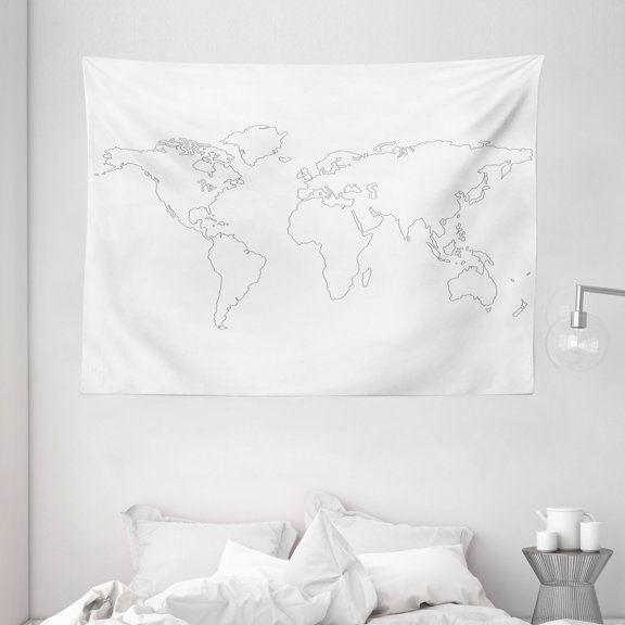 Map Tapestry, Simplistic Design World Map Outline with Thin Black Line Drawing Abstract Continents, Wall Hanging for Bedroom Living Room Dorm Decor, 80W X 60L Inches, Black White, by Ambesonne