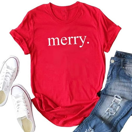 Women's Buffalo Plaid Merry Tees Casual Short Sleeve Merry Christmas Believe Printed Graphic Blouse Tops