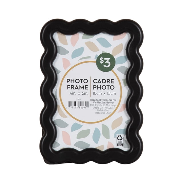 Black wavy decorative tabletop picture frame sized 4 by 6 inches with a colorful leaf pattern insert and $3 price label.