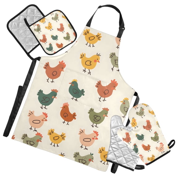 Cute Hand Drawn Chicken 5 Pcs Kitchen Set Heat Resistant Oven Mitts and Non-Slip Pot Holders with Adjustable Cooking Apron