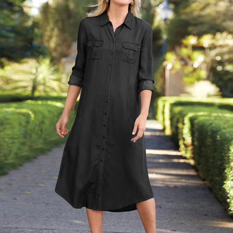 Baberdicy Denim Dress Womens Denim Shirt Dresses Fashion Summer V Neck 3/4  Sleeve Loose Long Maxi Pleated Dress Cowboy Sundress Jean Dress Black Xl -  Walmart.com