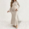 thumbnail image 6 of Purcolt Womens Maternity Ribbed Knit Maxi Dress Elegant Ruffled Trim Mock Neck Flare Long Sleeve Mermaid Dress Comfort Stretchy Slim Fit Bodycon Long Dress, 6 of 9