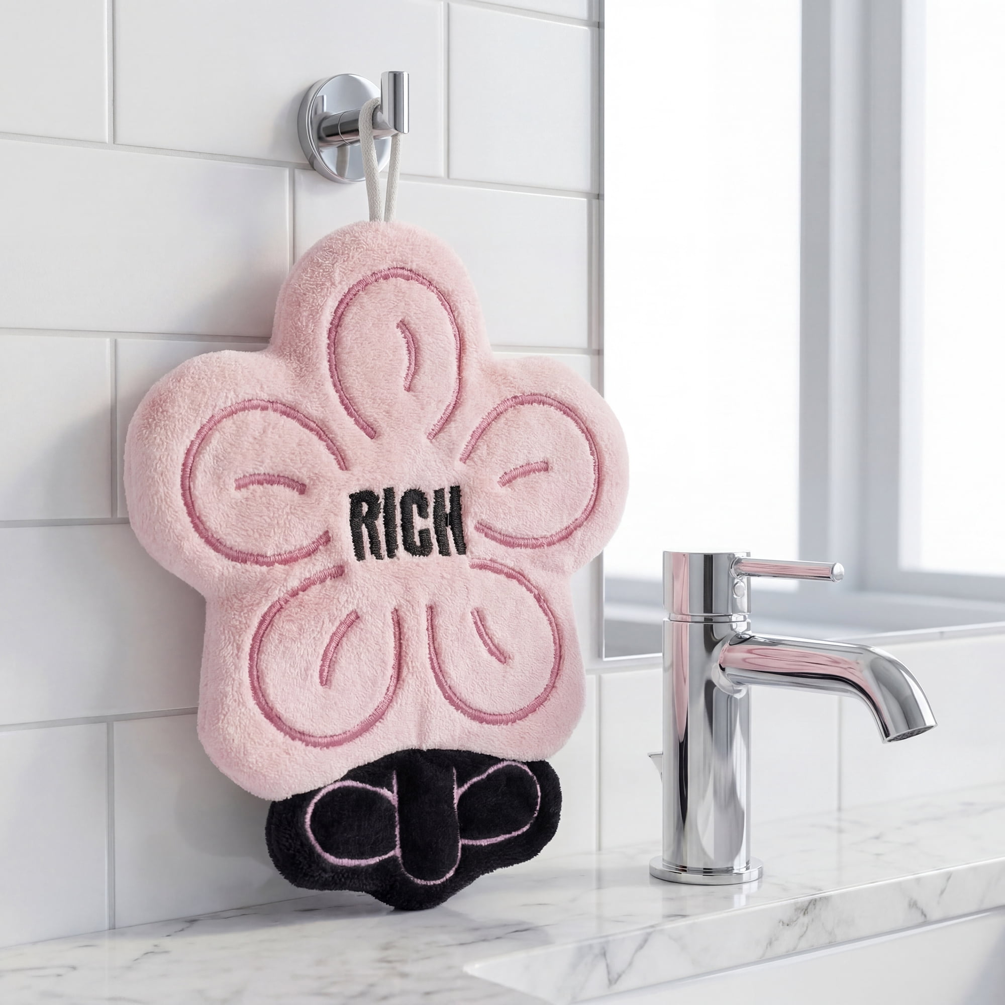 Unique Bargains Flower-Shaped Hanging Hand Towels Pink 1pc