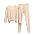 thumbnail image 2 of Zedker Thermal Double-Sided Fleece Pajamas 2 Piece Set for Women Casual Crewneck Long Sleeve Top and Taper Elastic Waist Long Pant,Beige,XXL, 2 of 6