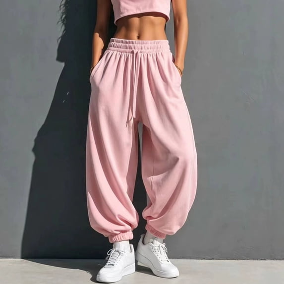 Riecok Baggy Gym Sweatpants Women Elastic Waist Pants Pleated Pull on Sweat Pant Solid Going out Fall Trouser with Pockets Pink S