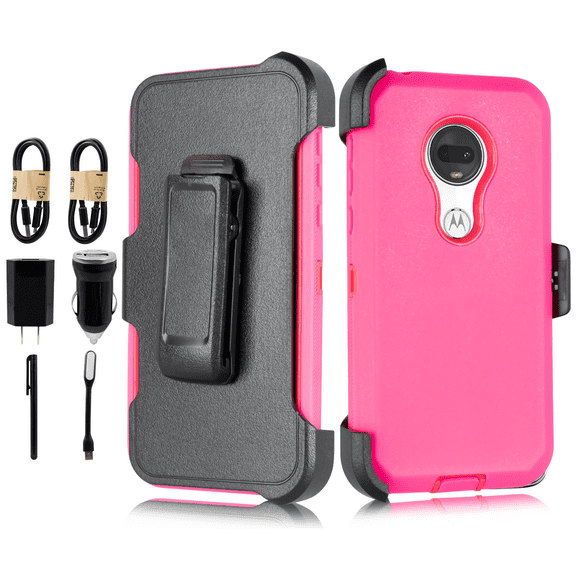 Value Pack for 5.7" Motorola Moto G7 Play Armor Holster Belt Clip Kickstands Hybrid Shockproof Bumper Screen Protector Dual Layer Raised Bevel Design Enhance Camera Combo Phone Case + [Pink]