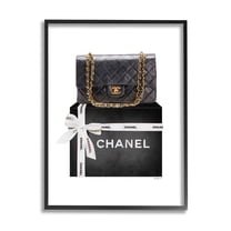 Stupell Industries Black Quilted Purse on Bold Glam Bow Box Beauty & Fashion Painting Black Framed Art Print Wall Art, 11 x 14