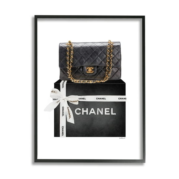 Stupell Industries Black Quilted Purse on Bold Glam Bow Box Beauty & Fashion Painting Black Framed Art Print Wall Art, 11 x 14