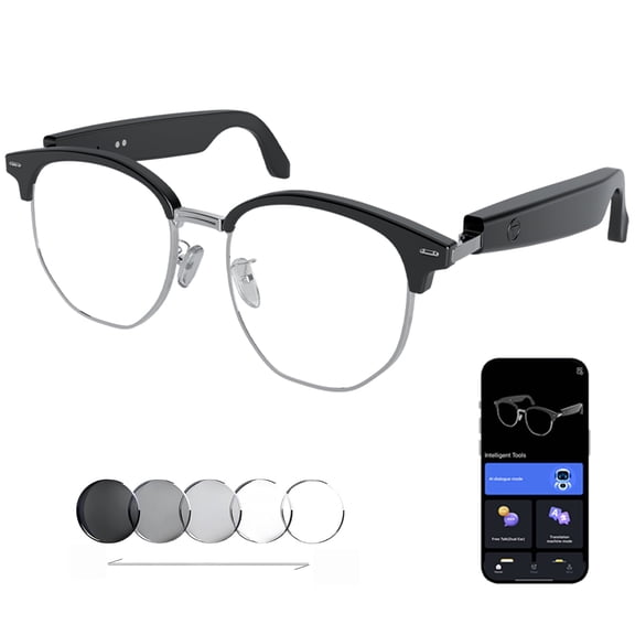 AI Translator Glasses for Men & Women, Real-Time Translation in 164 Languages, Photochromic Transition Lenses, Bluetooth 5.3 Hands-Free Call, Open-Ear Audio, IPX5 Waterproof Smart Glasses (Silver)