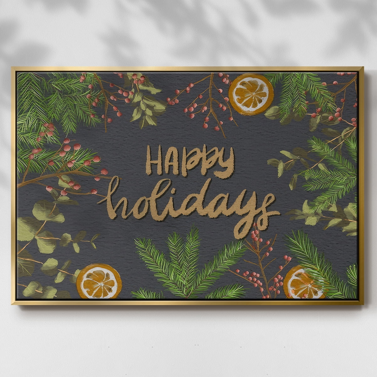 Holiday Sentiment II - Framed Gallery Wrapped Holiday Canvas - 17 x 25 - Gold Frame