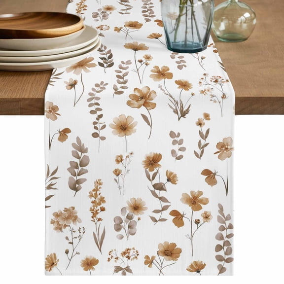 Table Runner 36 Inches Long for Kitchen Dining, Brown Spring Floral Dresser Scarf Farmhouse, Dining Table Decorations for Wedding/Parties, Flowers Leaves Elegant Pastoral 13 x 36 In