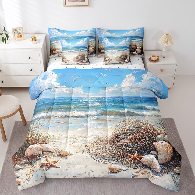Erosebridal Tropical Beach Bedding Twin Size, Ocean Wave Starfish Conch Comforter Sets with Sheets, Reversible 7pcs