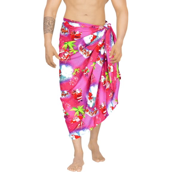 LA LEELA Men's Christmas Tree Swim Bath Trunk Swimsuit Regular Swimwear Sarong Long Pareo Beach Wrap for Men One Size Pink, Santa Reindeer Sleigh