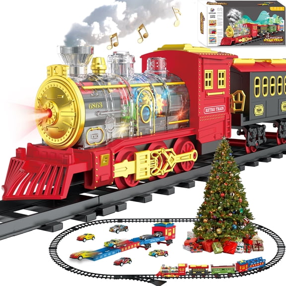 Electric Train Set for Boys Girls with Smokes, Lights Sound Christmas Trains Toys Locomotive, Folding Catapult Carriage with 4 Alloy Cars, Cargo & Tracks, Kids Trains Set for 4-8 Birthday Gifts