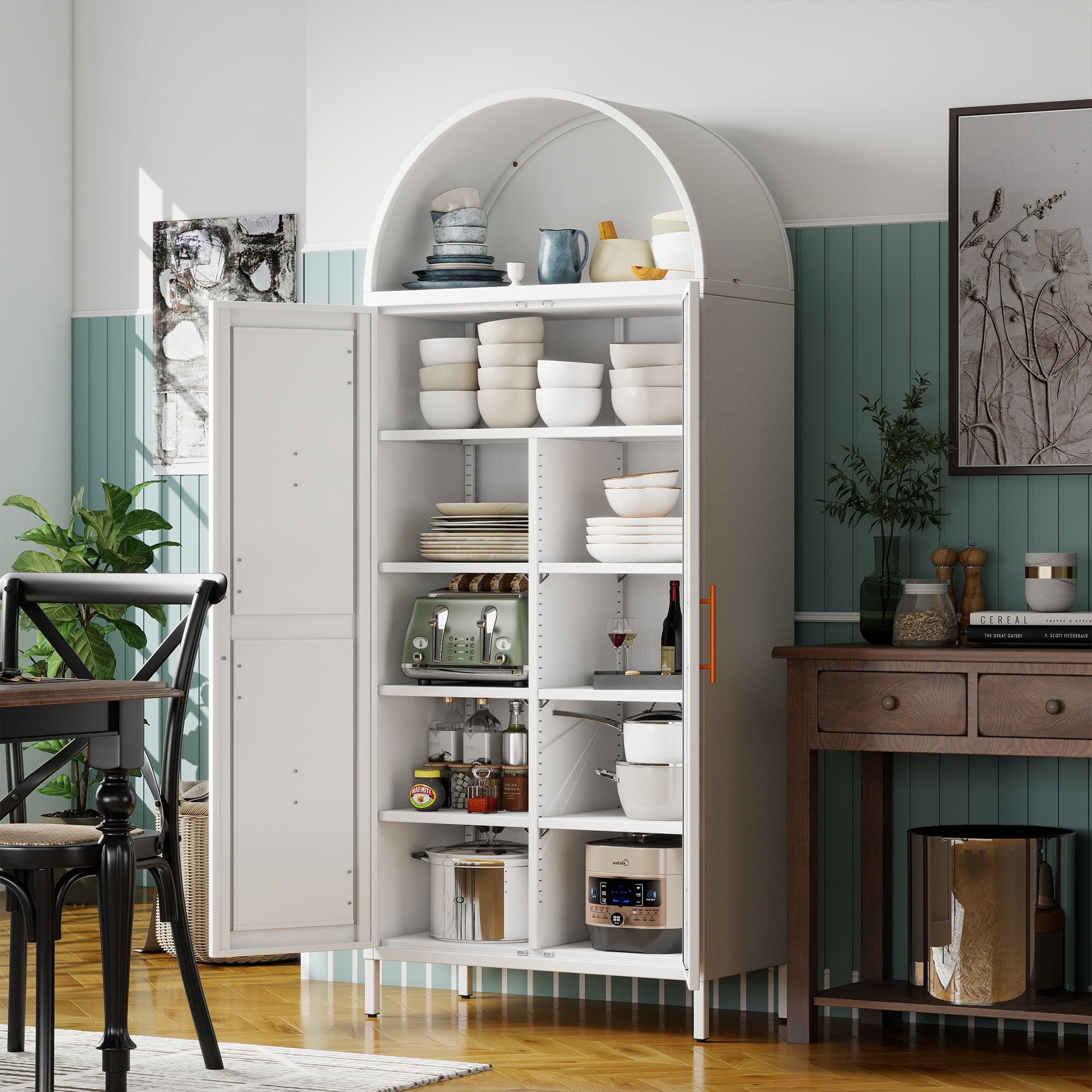 GangMeri 73-inch Tall Arched Kitchen Pantry Storage Cabinet,  Farmhouse Cabinet with Doors and Adjustable Shelves, Tall Freestanding Cupboard for Pantry, Dining Room, Living Room,Garage,Bath(White)